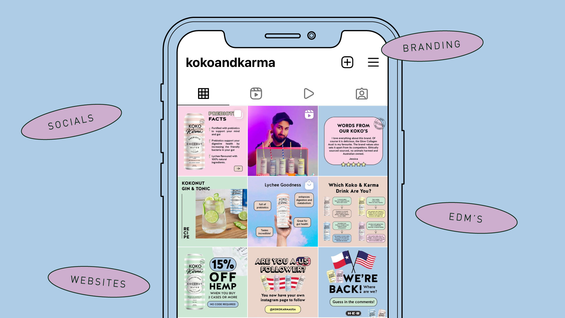This is an image with a blue background and an iphone screen showing the Instagram tiles from a coconut water Instagram page which is showcasing the work of NPCreative Group. There are also words floating on the image that state the different tasks a graphic designer can help with.